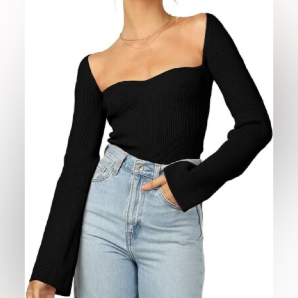 Womens Sweater Top Sweetheart Neck Ribbed Bustier Corset Knit Long Flare Sleeve